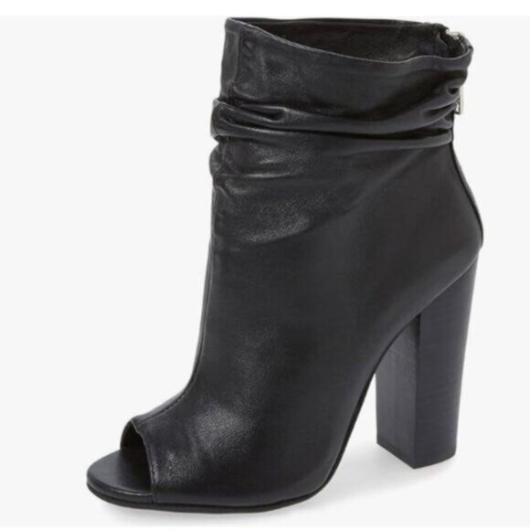 FSJ Black Peep Toe Slouch Chunky Heels Party Prom Nightclub Dress Ankle Boots - Picture 1 of 8